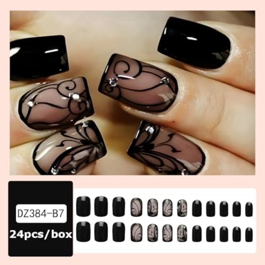 Full Cover Adhesive - Короткие квадратные накладные ногти с нюдовым